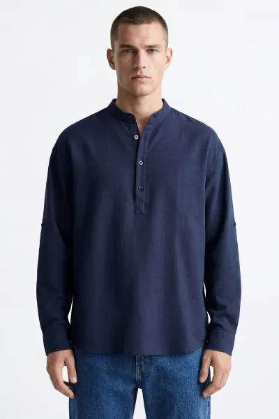 Lacivert Relaxed Fit Keten Yarım Düğmeli Hakim Yaka Erkek Gömlek 435883