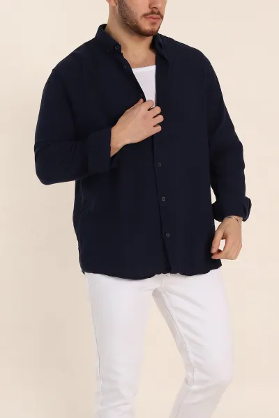 Lacivert Relaxed Fit Müslin Keten Ata Yaka Erkek Gömlek 339155