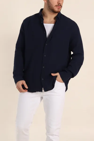 Lacivert Relaxed Fit Müslin Keten Ata Yaka Erkek Gömlek 339155