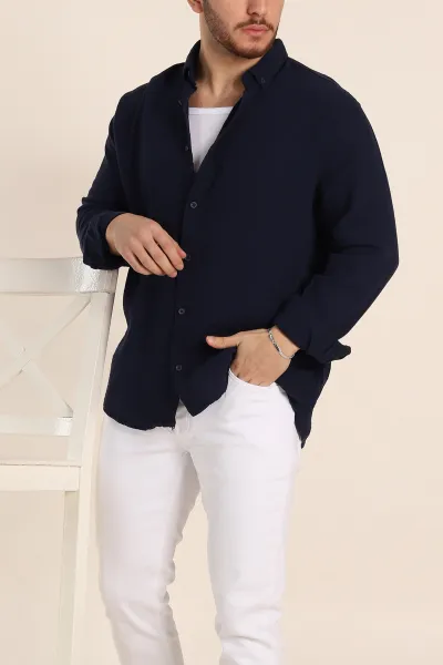 lacivert-relaxed-fit-muslin-keten-ata-yaka-erkek-gomlek-339155