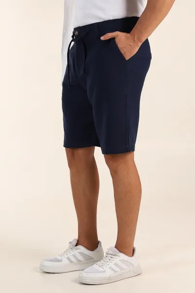 Lacivert Relaxed Fit Müslin Keten Bel Arkası Lastikli Erkek Şort 386178