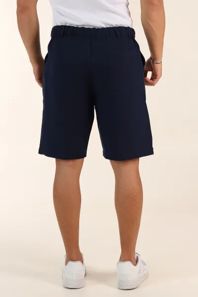 Lacivert Relaxed Fit Müslin Keten Bel Arkası Lastikli Erkek Şort 386178