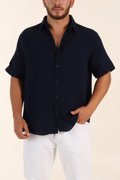 Lacivert Relaxed Fit Müslin Keten Kısa Kollu Erkek Gömlek 376945