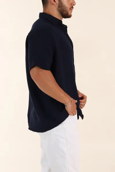 Lacivert Relaxed Fit Müslin Keten Kısa Kollu Erkek Gömlek 376945