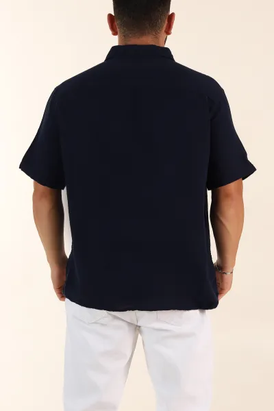 Lacivert Relaxed Fit Müslin Keten Kısa Kollu Erkek Gömlek 376945