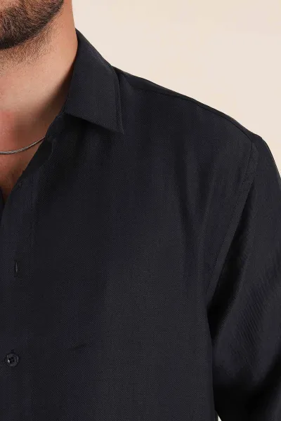 Lacivert Relaxed Fit Nefes Alan Lyocell Kumaş Uzun Kollu Erkek Gömlek 368617