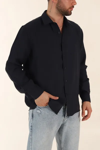 Lacivert Relaxed Fit Nefes Alan Lyocell Kumaş Uzun Kollu Erkek Gömlek 368617