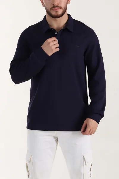 Lacivert Relaxed Fit Oysho Kumaş Düğmeli Polo Yaka Erkek Sweatshirt 399522