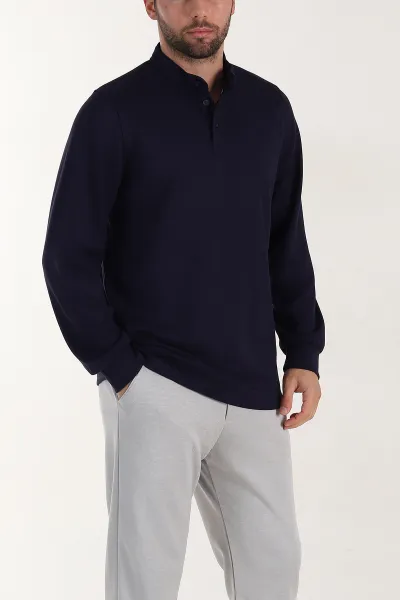 Lacivert Relaxed Fit Oysho Kumaş Hakim Yaka Erkek Sweatshirt 399609