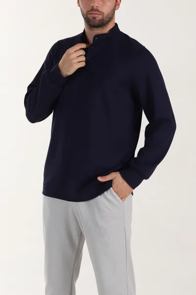 Lacivert Relaxed Fit Oysho Kumaş Hakim Yaka Erkek Sweatshirt 399609