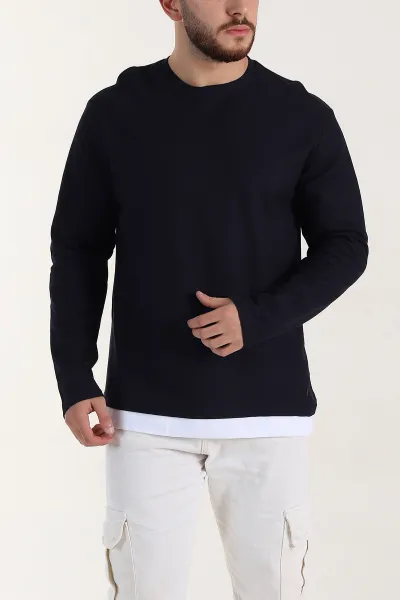 Lacivert Relaxed Fit Pike Dokulu Basic Erkek Sweatshirt 398897