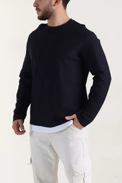 Lacivert Relaxed Fit Pike Dokulu Basic Erkek Sweatshirt 398897