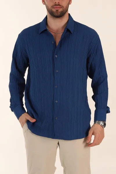 lacivert-relaxed-fit-pliseli-uzun-kollu-erkek-gomlek-369584