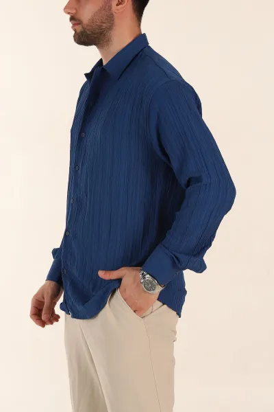 Lacivert Relaxed Fit Pliseli Uzun Kollu Erkek Gömlek 369584