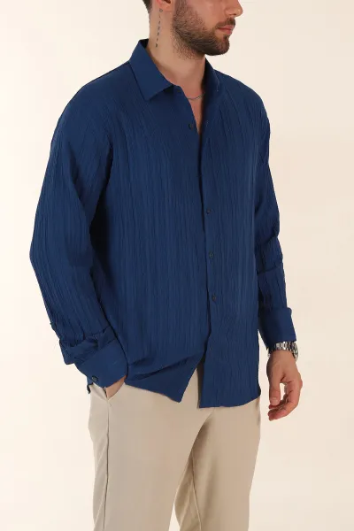 Lacivert Relaxed Fit Pliseli Uzun Kollu Erkek Gömlek 369584