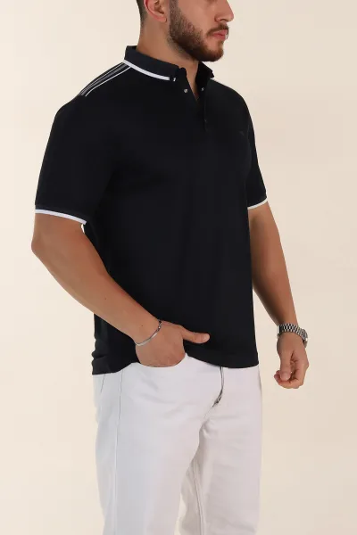 Lacivert Relaxed Fit Şerit Detaylı Polo Yaka Erkek Tişört 359112