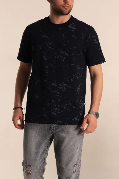 Lacivert Relaxed Fit Sprey Baskılı Erkek Tişört 261623