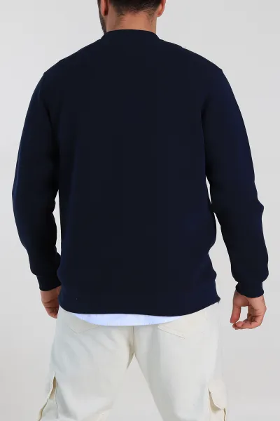 Lacivert Relaxed Fit Üç İp Şardonlu Kabartma Detaylı Erkek Sweatshirt 309901