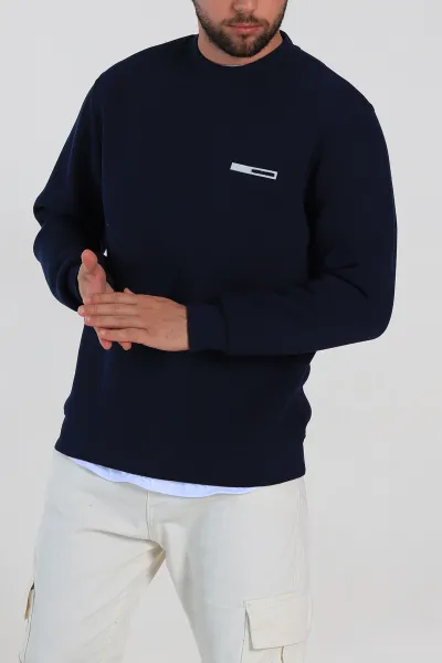Lacivert Relaxed Fit Üç İp Şardonlu Kabartma Detaylı Erkek Sweatshirt 309901