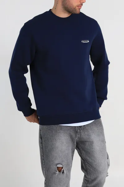 Lacivert Relaxed Fit Üç İp Şardonlu Kabartma Yazı Detay Erkek Sweatshirt 310406