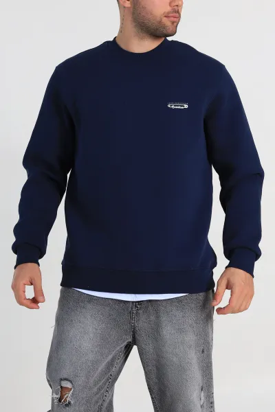 Lacivert Relaxed Fit Üç İp Şardonlu Kabartma Yazı Detay Erkek Sweatshirt 310406