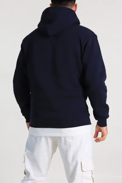 Lacivert Relaxed Fit Üç İp Şardonlu Kapüşonlu Basic Erkek Sweatshirt 333115