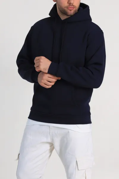 Lacivert Relaxed Fit Üç İp Şardonlu Kapüşonlu Basic Erkek Sweatshirt 333115