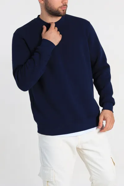 Lacivert Relaxed Fit Üç İp Şardonlu Kol Detaylı Erkek Sweatshirt 309954