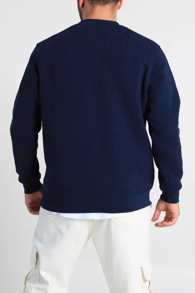 Lacivert Relaxed Fit Üç İp Şardonlu Kol Detaylı Erkek Sweatshirt 309954