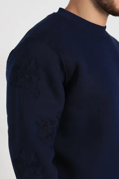Lacivert Relaxed Fit Üç İp Şardonlu Nakış Detaylı Erkek Sweatshirt 311184