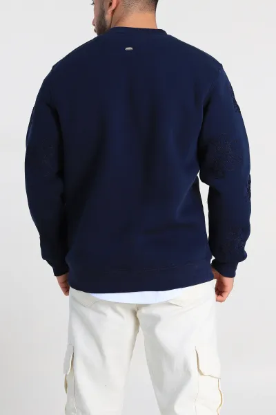Lacivert Relaxed Fit Üç İp Şardonlu Nakış Detaylı Erkek Sweatshirt 311184
