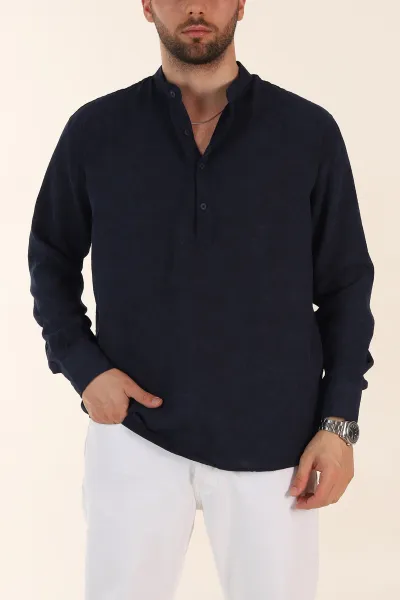Lacivert Relaxed Fit Yarım Düğmeli Hakim Yaka Uzun Kollu Erkek Gömlek 369364
