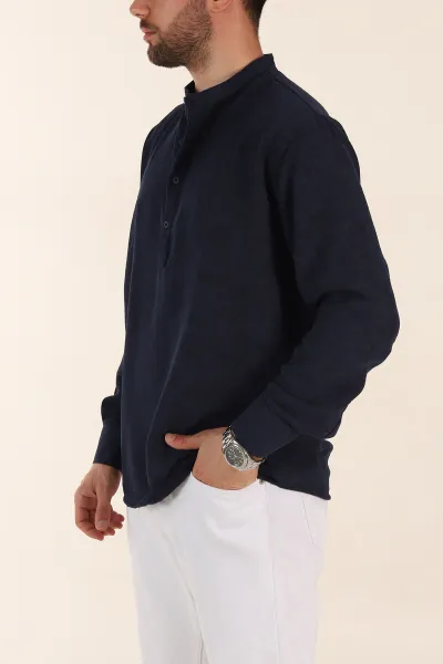 Lacivert Relaxed Fit Yarım Düğmeli Hakim Yaka Uzun Kollu Erkek Gömlek 369364