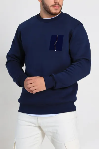 Lacivert Relaxed Üç İp Şardonlu Baskı Detaylı Erkek Sweatshirt 311191