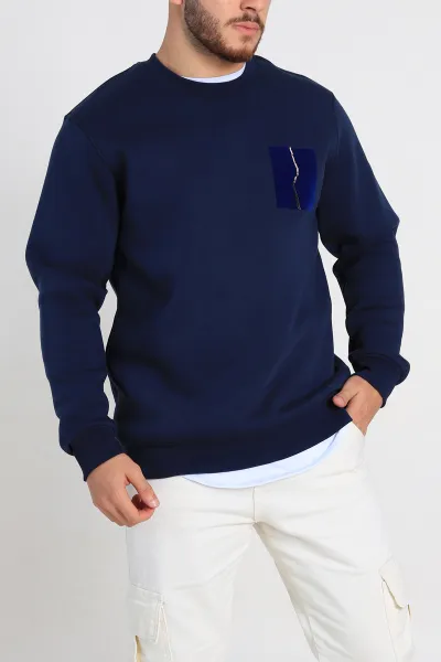 Lacivert Relaxed Üç İp Şardonlu Baskı Detaylı Erkek Sweatshirt 311191