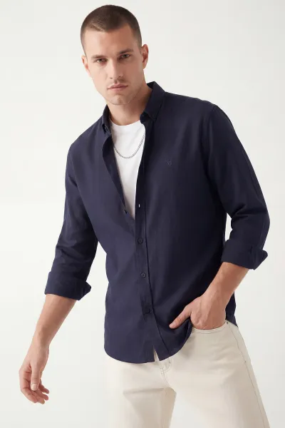 lacivert-sambre-kumas-relaxed-fit-erkek-gomlek-435909