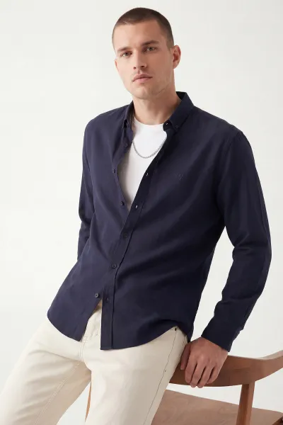 Lacivert Şambre Kumaş Relaxed Fit Erkek Gömlek 435909
