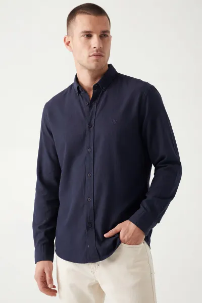 Lacivert Şambre Kumaş Relaxed Fit Erkek Gömlek 435909