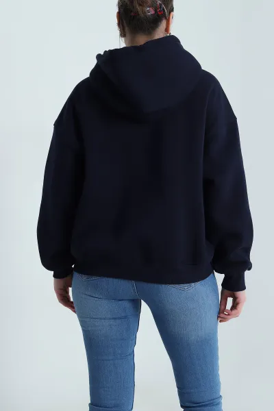 Lacivert Şardonlu Kapşonlu Oversize Üç İp Kadın Sweat 493827