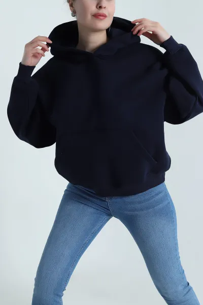 Lacivert Şardonlu Kapşonlu Oversize Üç İp Kadın Sweat 493827