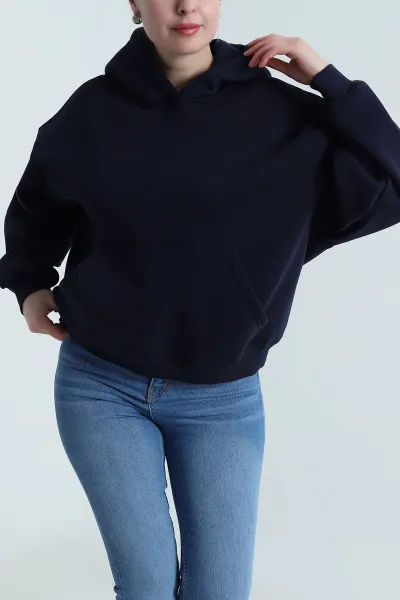 Lacivert Şardonlu Kapşonlu Oversize Üç İp Kadın Sweat 493827