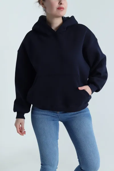 Lacivert Şardonlu Kapşonlu Oversize Üç İp Kadın Sweat 493827