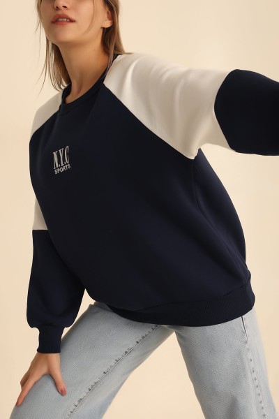Lacivert Şardonlu Nakışlı Bayan Sweat 216631
