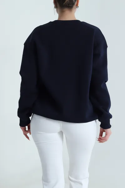 Lacivert Şardonlu Nakışlı Kadın Fermuarsız Sweat 492205