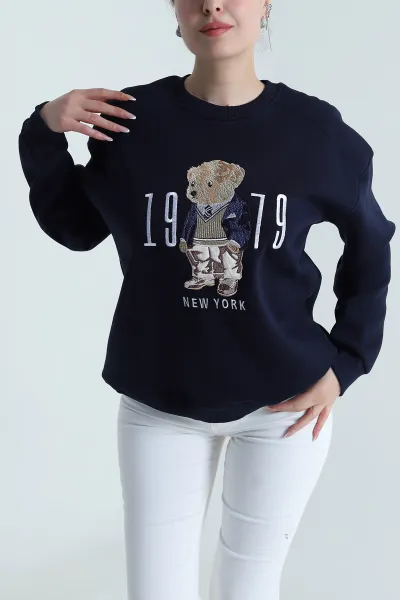 Lacivert Şardonlu Nakışlı Kadın Fermuarsız Sweat 492205