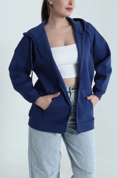 Lacivert Şardonlu Üç İp Fermuarlı Kadın Sweat 484570