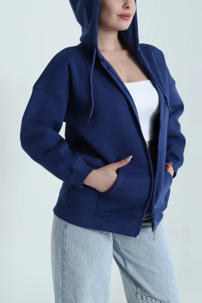 Lacivert Şardonlu Üç İp Fermuarlı Kadın Sweat 484570