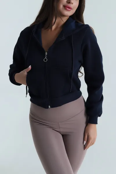 Lacivert Şardonlu Üç İp Fermuarlı Kadın Sweat 488383