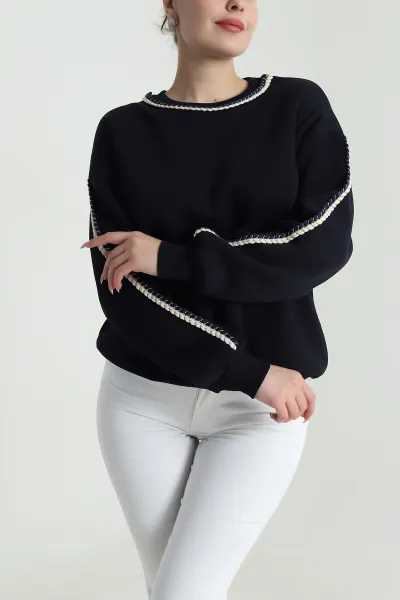 Lacivert Şardonlu Üç İp Kadın Sweat 492096