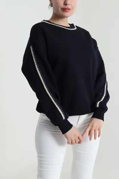 Lacivert Şardonlu Üç İp Kadın Sweat 492096